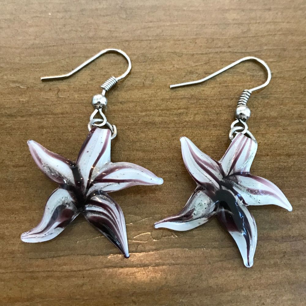White Purple Starfish Earrings NWT